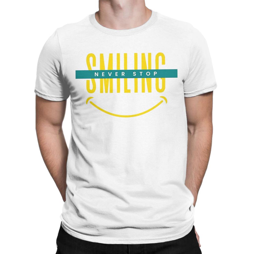 Мужские забавные футболки Never Stop Smiling из 100% хлопка, топы для отдыха с коротким рукавом и круглым воротником, футболки, идея для подарка