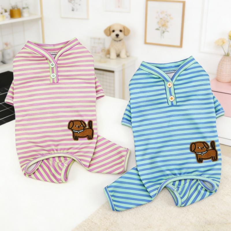 Cute Striped Dog Pajamas Cartoon Print Pet Jumpsuit Soft Puppy Onesie Fashion Cat Overalls Pet Sleepwear Four-Legged Dog Clothes