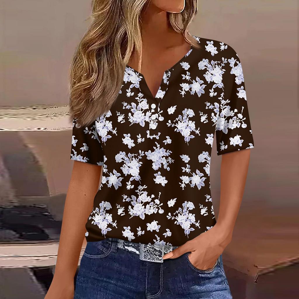 Women's T Shirt Tee Print Button Short Sleeve Daily Weekend Fashion Basic V- Neck Regular Top