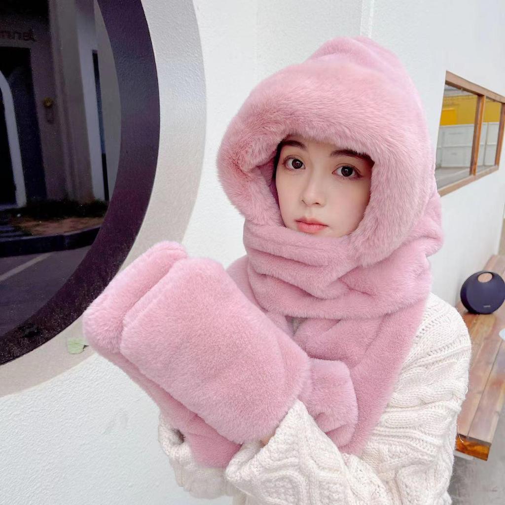 Женский плюшевый зимний комплект шапка, шарф и перчатки - Теплый, Защита от холода, Защита ушей, Грелка для шеи