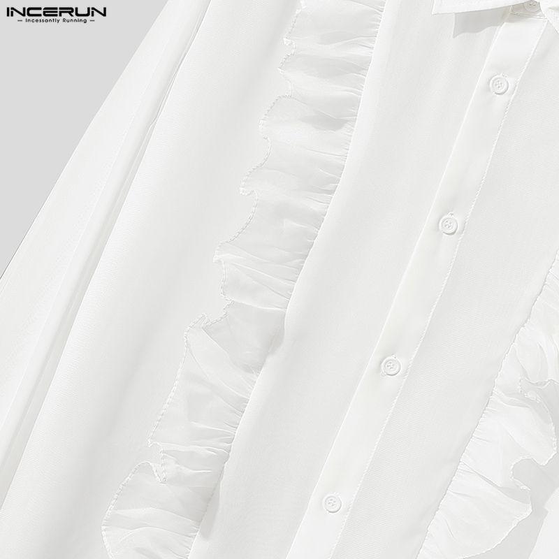 INCERUN Мужские рубашки оверсайз с лацканами, длинными рукавами, рюшами, прозрачные, для вечеринок, клубов, свободного кроя