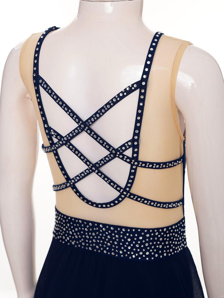 Kids Girls Ballet Lyrical Dance Figure Ice Skating Dress Hollow Back Mesh Gymnastics Leotard Dress