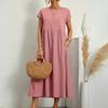 O-Neck Dress For Women Casual Comfy Cotton Linen Short Sleeve Tunic Beach Dresses With Pockets