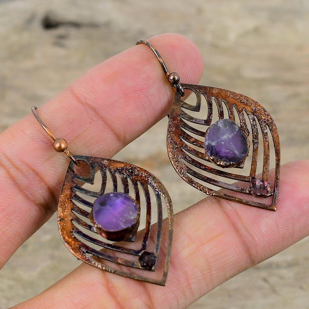 Грубые серьги с африканским аметистом, грубые серьги с розовым турмалином, гальванопластиковые медные серьги, ювелирные изделия ручной работы, уникальные серьги для подарка