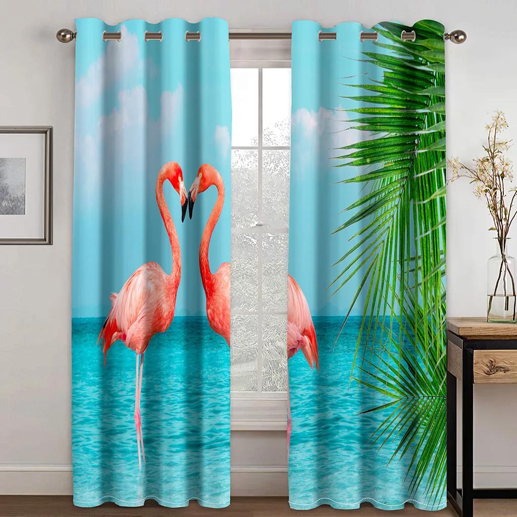 Высококачественные плотные затемняющие шторы с принтом фламинго, пляжа и моря, розовые животные для окон в гостиной, высокие затемняющие шторы, новые шторы