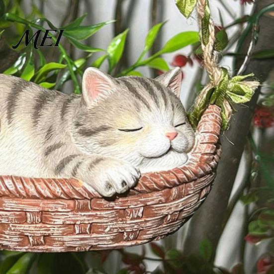 Decorative Vine Rope Cat Craft Hanging Basket Statue, Cute Sleeping Kitten Figurine, Outdoor Resin Ornament for Garden Patio Porch Decoration