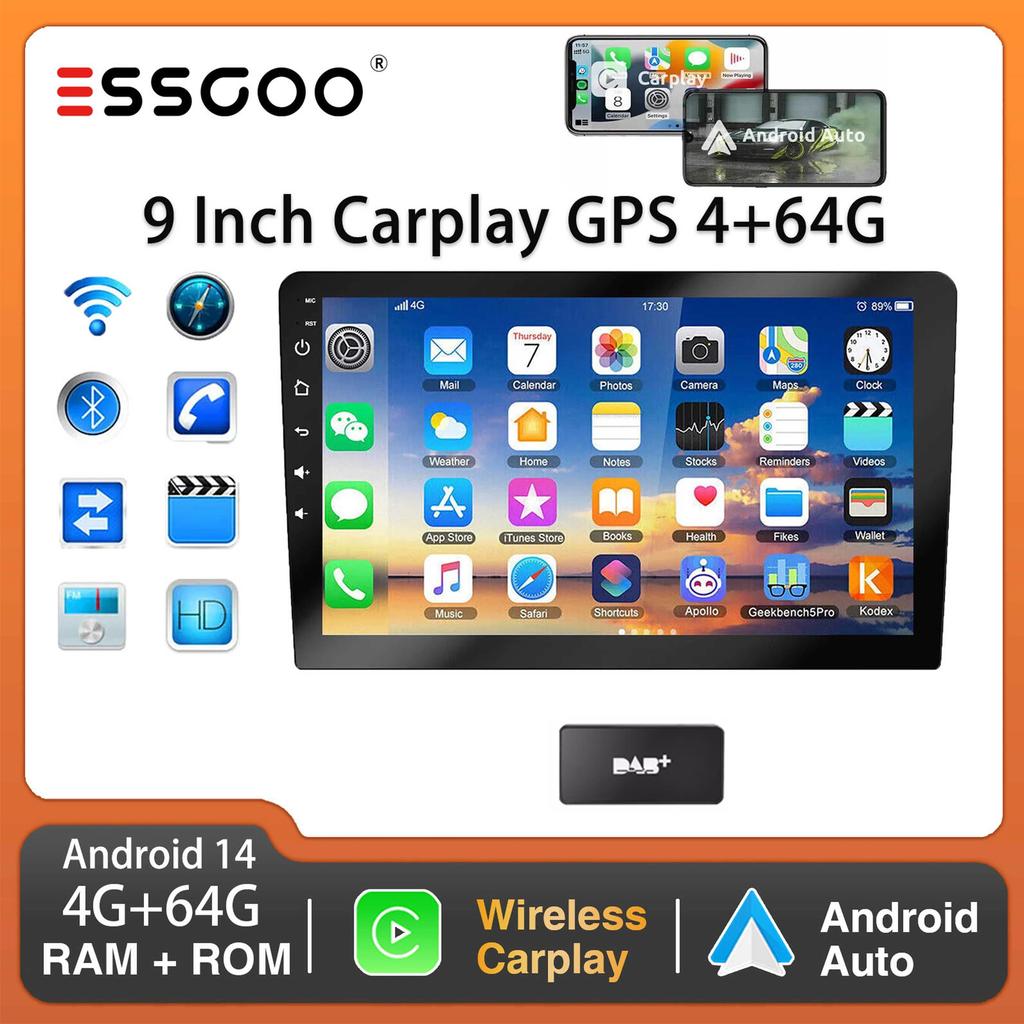 9-дюймовый 2 DIN автомобильный стерео радиоприемник Wirless Carplay Android Auto Car Stereo Bluetooth 64G GPS навигация RDS WiFi USB FM DAB+CAM