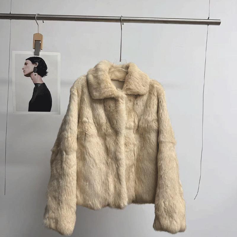 Women's Fashionable Two-Tone Real Rabbit Fur Collar Coat - 2025 Casual Short Style