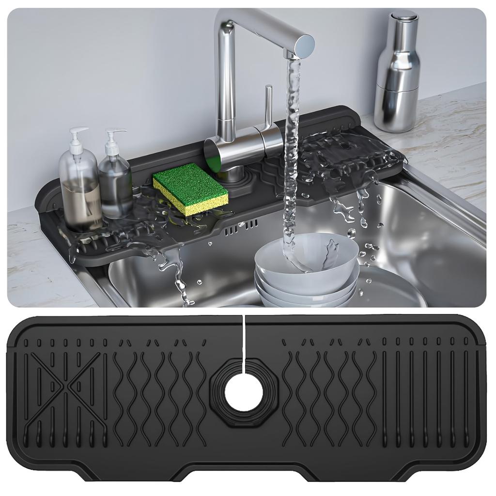 1 Piece Black Silicone Sink Splash Guard and Faucet Mat with Integrated Soap Dispenser and Sponge Holder - Space Saving, Textured Surface