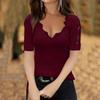 Women Off Shoulder Short Sleeved Commuting Pullover V-neck Lace Bottoming Blouse