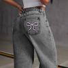 Women Baggy Jeans Bow Embroidered Jean Women High Waist Straight Leg Denim Pants Loose Pant