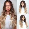 Long Mixed Brown Blonde Wavy Wigs for Bangs Women Natural Synthetic Wavy Wig Heat Resistant Fiber Wigs for Daily Cosplay