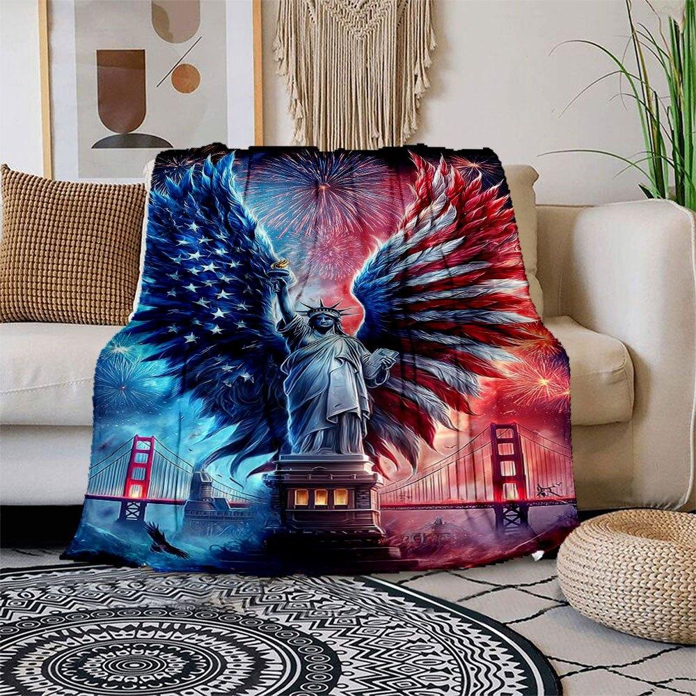 "Liberty Angel: Patriotic Wings Statue of Liberty Art Print"Blanket Flannel Throw Blanket for Sofa, Bed, Travel, Camping, Office