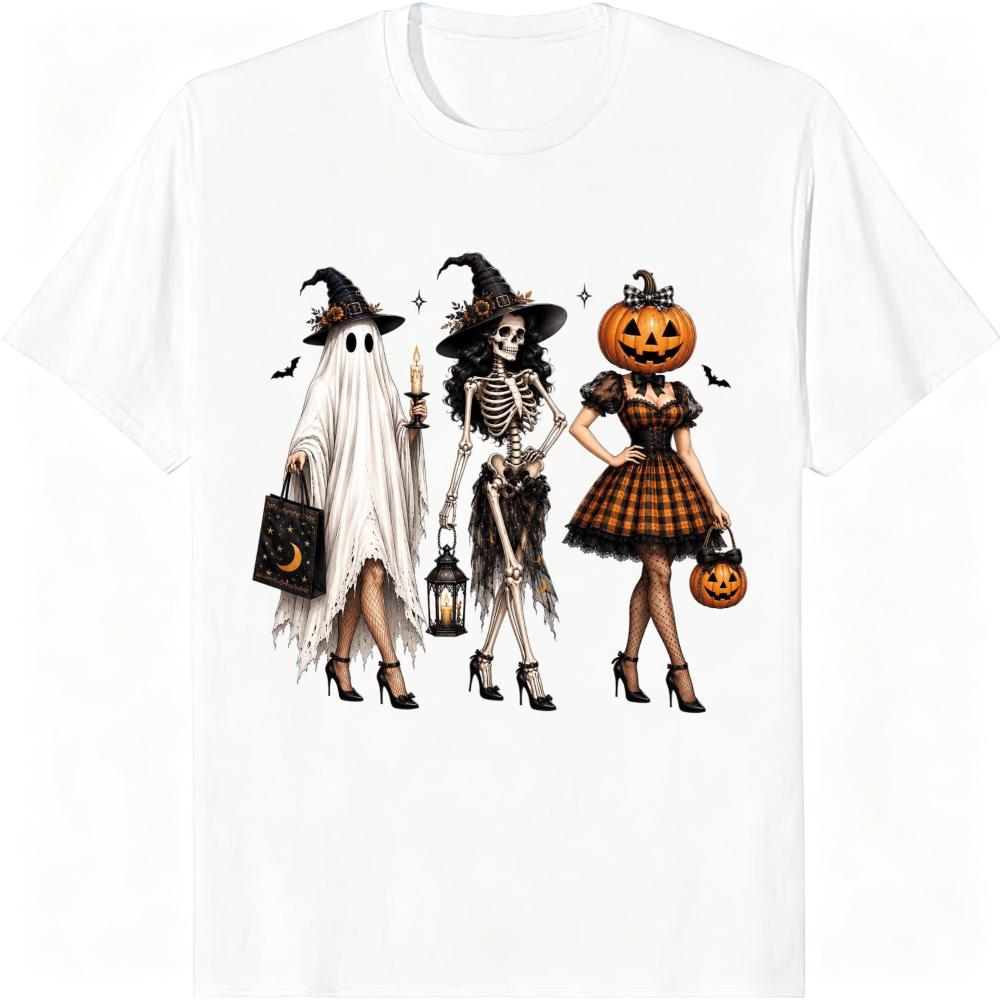 Gothic Vintage Halloween Ghost Skeleton Pumpkin Spooky Season T-shirt Casual Fashion Loose Harajuku Unisex Clothing