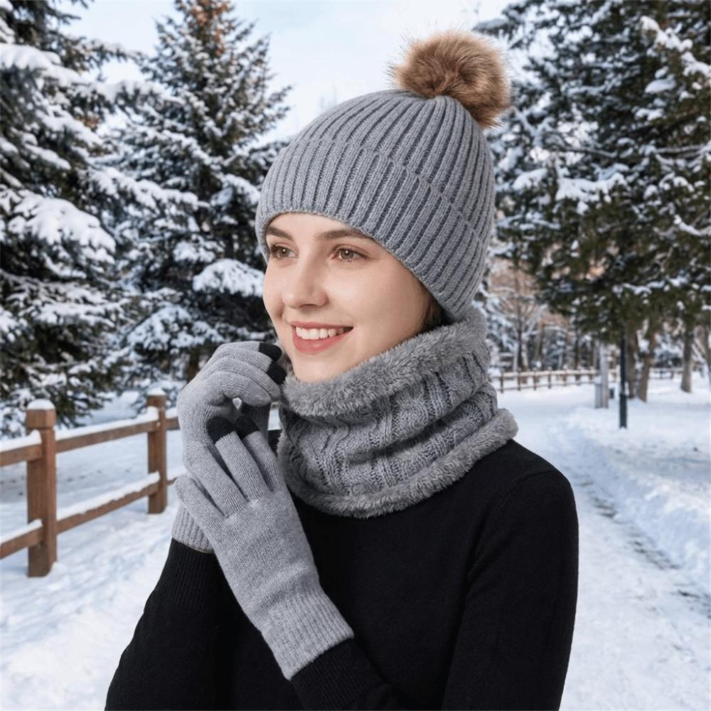 Thickened Pompom Beanies Hat Solid Color Winter Knitted Gloves Set Hat Scarf Gloves Set Girl