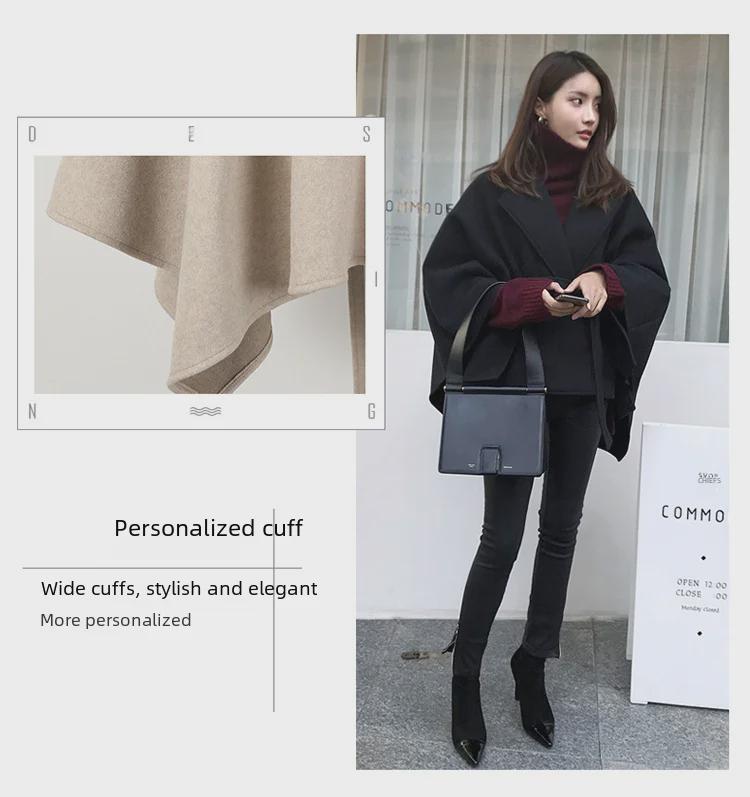 Women's Mid-Length Wool Cape Coat - Thick, Loose, Lace-Up Shawl for Winter