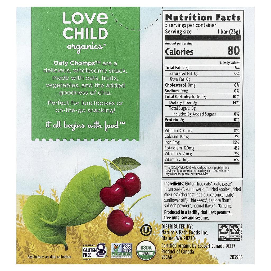 Love Child Organics, Nature's Path, Oaty Chomps™ Organic Bars, 12+ Months, Cherry + Spinach, 5 Individually Wrapped Bars, 0.8 oz (23 g) Each