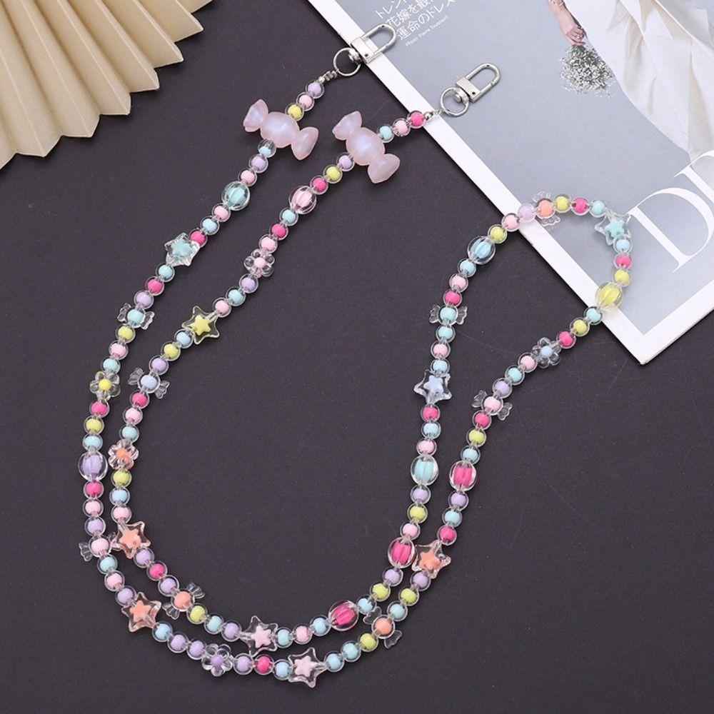 Little Bear Mobile Phone Crossbody Strap Candy Color Beaded Crossbody Chain Keychain Pendant