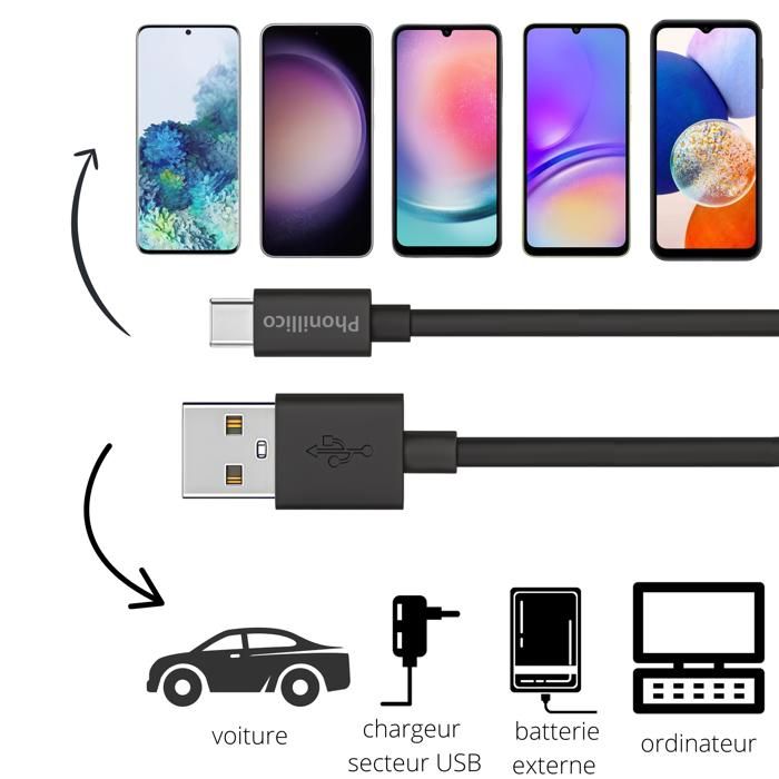Lot 2 Cables 20cm USB-C Noir pour Samsung Galaxy S22 /S22 PLUS/S22 ULTRA/S21/S21 FE/ S21 PLUS / S21 ULTRA / S20 / S20 FE Phonillico®