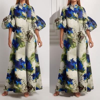 Весенняя Новинка Женская Одежда Элегантное Платье с Растительным Принтом и Пышными Рукавами для Женщин