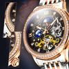 Мужские роскошные часы с турбийоном, украшенным бриллиантами, с полым циферблатом, полностью автоматические, точные, стальные, с фазами Луны, подходящие для повседневного делового стиля