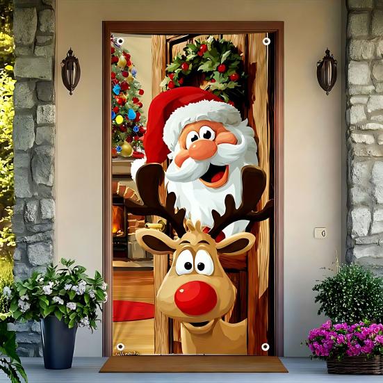 Рождественское украшение на дверь, забавный баннер с Санта-Клаусом для подвешивания на входную дверь, с надписью «Счастливого Рождества», зимний фон, вывеска для крыльца для внутреннего праздничного декора