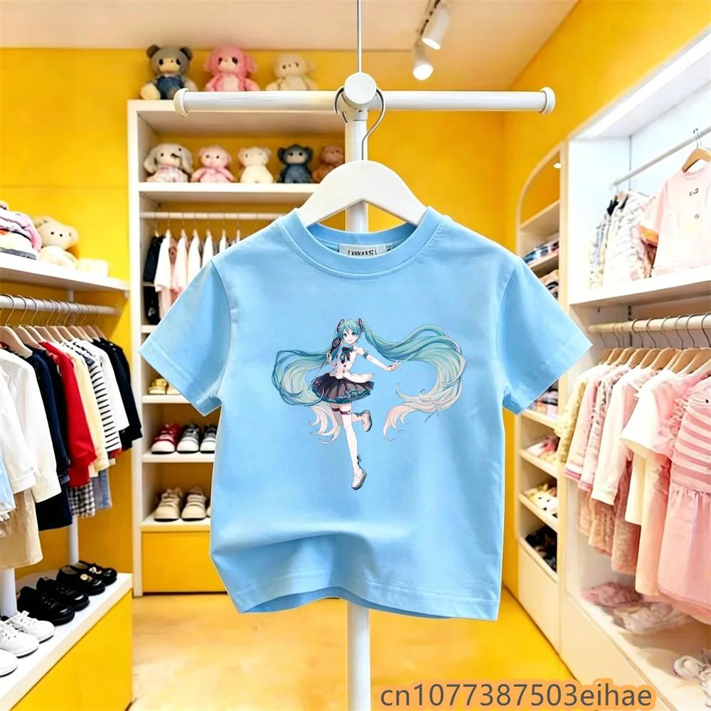 Hatsune Miku Anime Future Peripheral Pure Cotton COS Collaboration Printed Casual Tshirt Kawaii Daily Wear for Boys and Girls