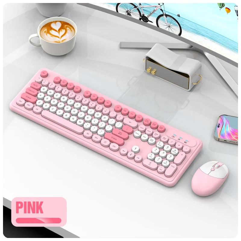 Wireless Office Keyboard and Mouse Set/Quiet, Stylish Keyboard/2.4G / Pink