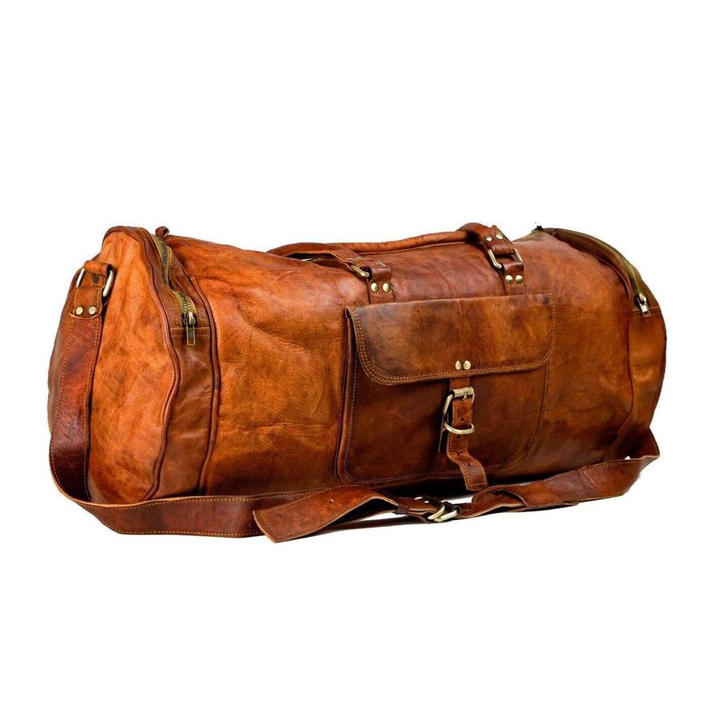 Handmade Genuine Goat Leather Men's Travel Luggage Gym New Duffel Brown Bag