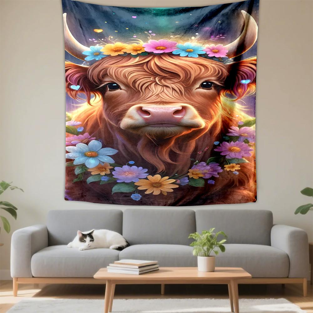 Highland Cow with Flowers Patterned tapestry for bedroom and living room home decor