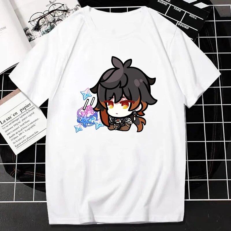 Новая игра Genshin Impact Футболка Женская унисекс Kawaii Топы Классические игры Топы с графическим принтом персонажей Harajuku Мультфильм Уличная футболка