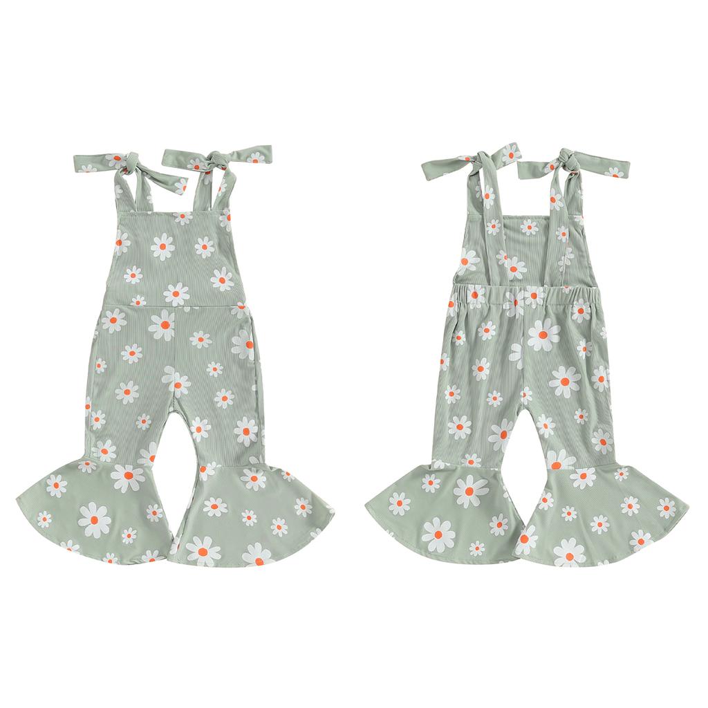 Toddler Girls Summer Flare Jumpsuit Daisy Print Sleeveless Tie-Up Bell-Bottoms Romper
