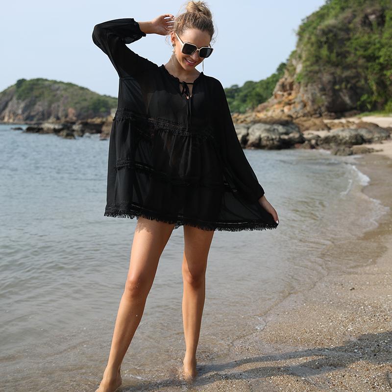 Summer New Beach Bikini Cover-up Sexy V-neck Lace Stitching Micro-sheer Chiffon Skirt Lantern Long-sleeved Loose Women's Swimwear Cover-up Q1056