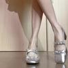 Модная высококачественная женская обувь Модная одинарная пряжка с однотонным бантом Декор Носок-носок Квадратный каблук Женские туфли на высоком каблуке