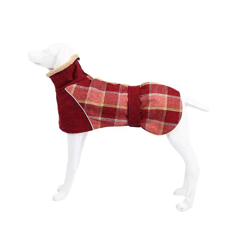 Warm Fleece Winter Big Dog Clothes Fashion Plaid Print Pet Jacket with Belt for Medium Large Dogs Greyhound Weimaraner Clothing