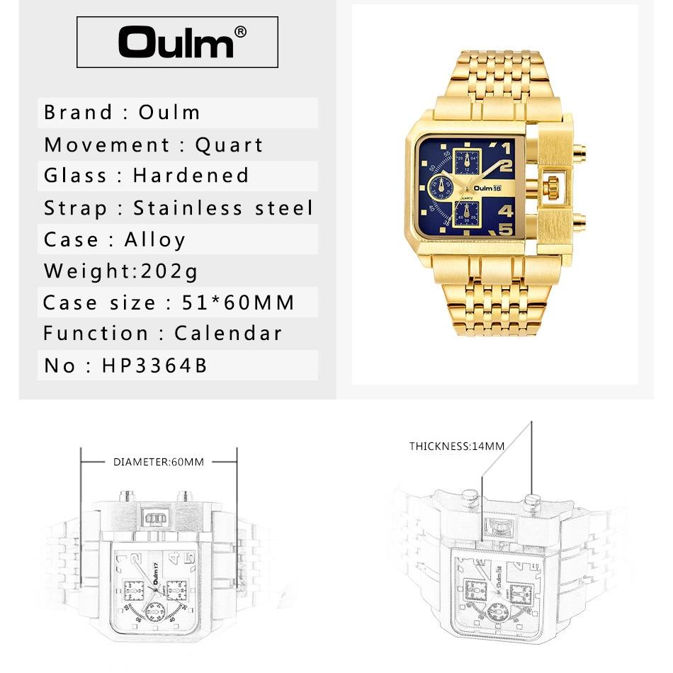 Oulm Gold Dial Men's Watch Steel Band Calendar Square Quartz Men's Watch Casual Style