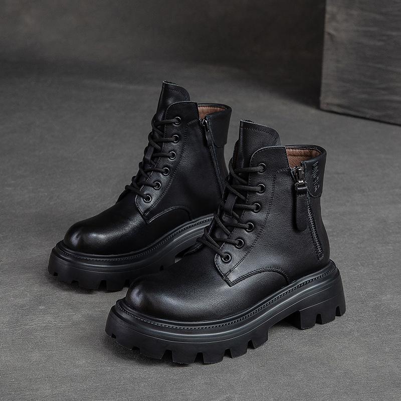 Johnature Women Boots Genuine Leather Winter Ziper Round Toe Women Shoes Sewing Handmade Retro Ankle Platform Boots
