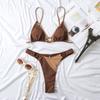 Women's Split Halter Neck Solid Color Patchwork O-String Bikini Sets
