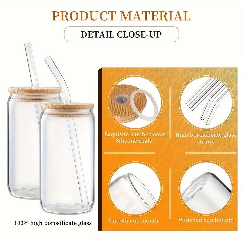 4 Pieces Drinking Glasses with Bamboo Lid and Glass Straw,500ml Canister Glasses for Beer,Iced Coffee,Soda Boba Tea Cocktails Cute Non-Tipping Glasses