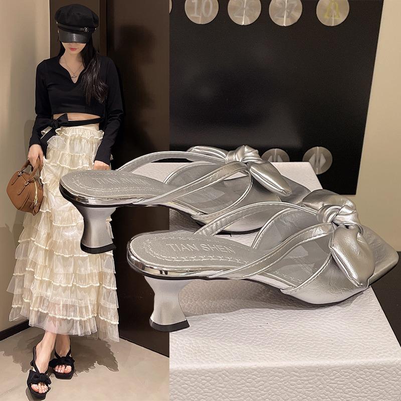 Мода 2025 Лето Женские Шлепанцы на Толстом Каблуке Модные Туфли с Открытым Носком и Бантом-Бабочкой Женские Повседневные Платье Уличный Стиль Слайды