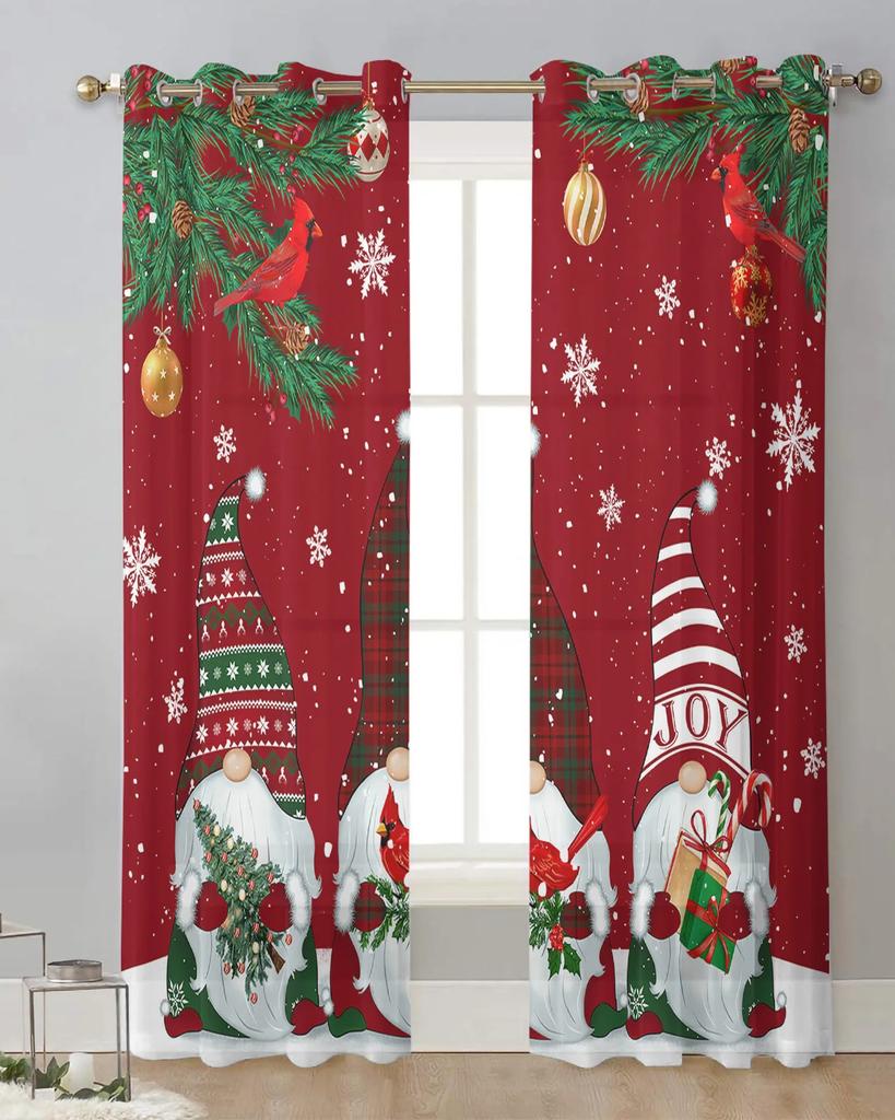 Christmas Gnome Snowflake Robin Red Sheer Curtains for Living Room Decoration Window Curtains Kitchen Tulle Voile Curtains