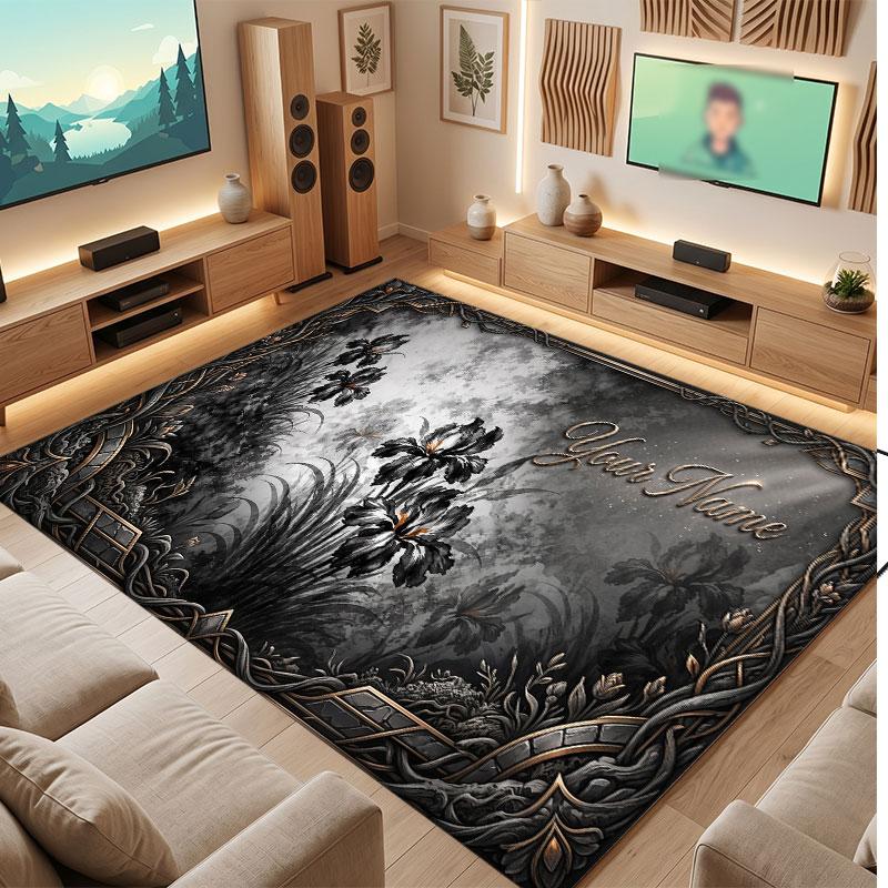 Floral Garden Theme Crystal Velvet Floor Rug Personalized Custom Name Text Warm Carpet Home Decoration