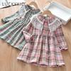 Girls Long Sleeve Plaid Dress Children Lace Lapel Princess Dress