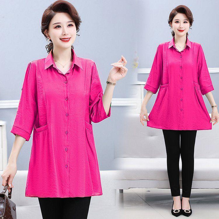 Повседневная однотонная рубашка миди для поездок на работу, однобортная, модная, с отложным воротником, летняя, рукав 3/4, женская одежда, карманы, блузка