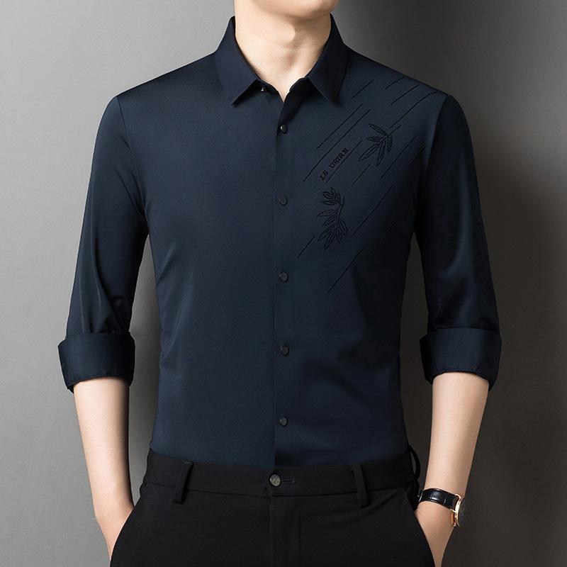 Осенние новые мужские рубашки с длинными рукавами и приталенными лацканами для мужчин среднего возраста, повседневные готовые рубашки с принтом