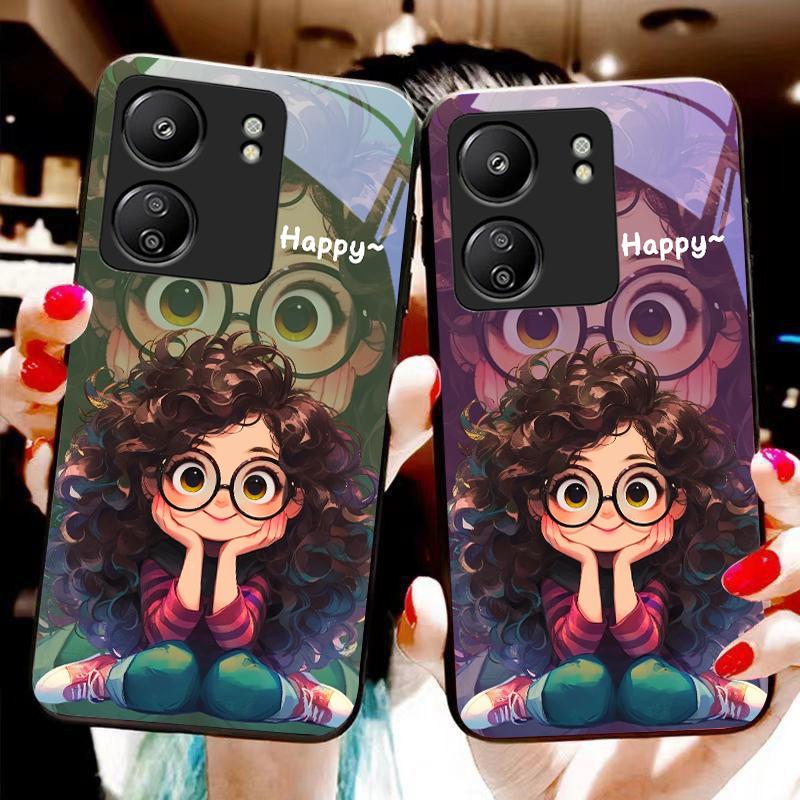 Девушка с кудрявыми волосами Для Xiaomi Redmi 13C Note13 12 Pro Plus 5G Note 9 13T Pro POCO X6 F5 F6 Черный Чехол для телефона из закаленного стекла