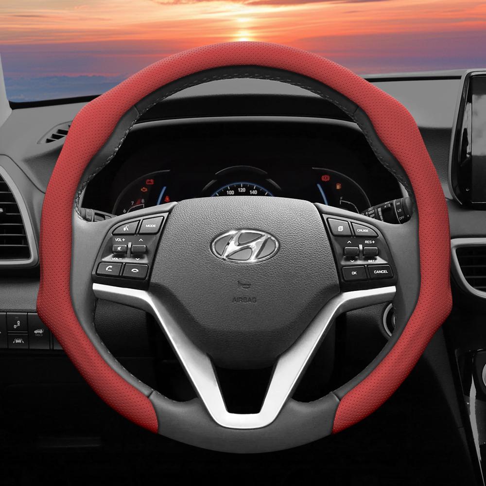 Подходит для Hyundai, Кожаная перфорированная накладка на рулевое колесо, Нескользящая, Впитывающая пот, Дышащая, Интегрированный защитный чехол Elantra N Sonata Ioniq