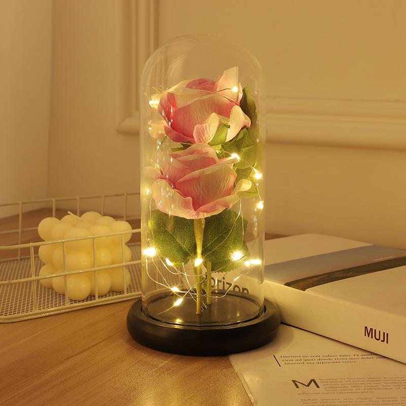 Glass Cover Immortal Rose Flower Ornaments LED Luminous Artificial Flower Creative Christmas Valentine's Day Gift