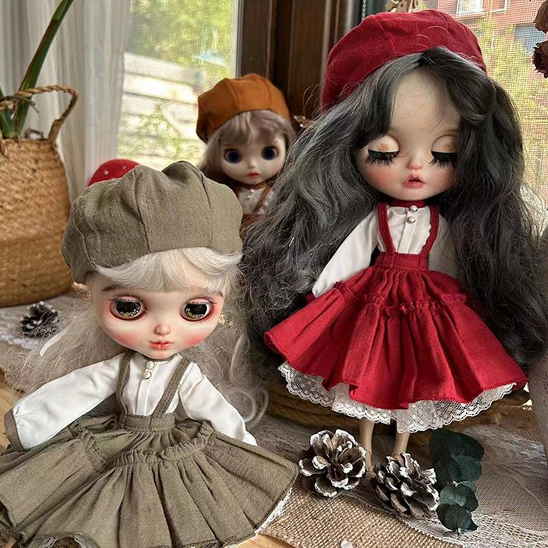 Платье-юбка для куклы ручной работы, берет, шляпа, кукольное ретро-платье, комплект одежды для куклы Blythes Ob22 Ob24, аксессуары для куклы Blyth