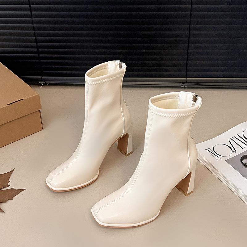 Внешнеторговые универсальные ботинки женские 2024 новые корейская версия белый темперамент толстый каблук короткие ботинки осень и зима французский высокий каблук тонкие ботинки